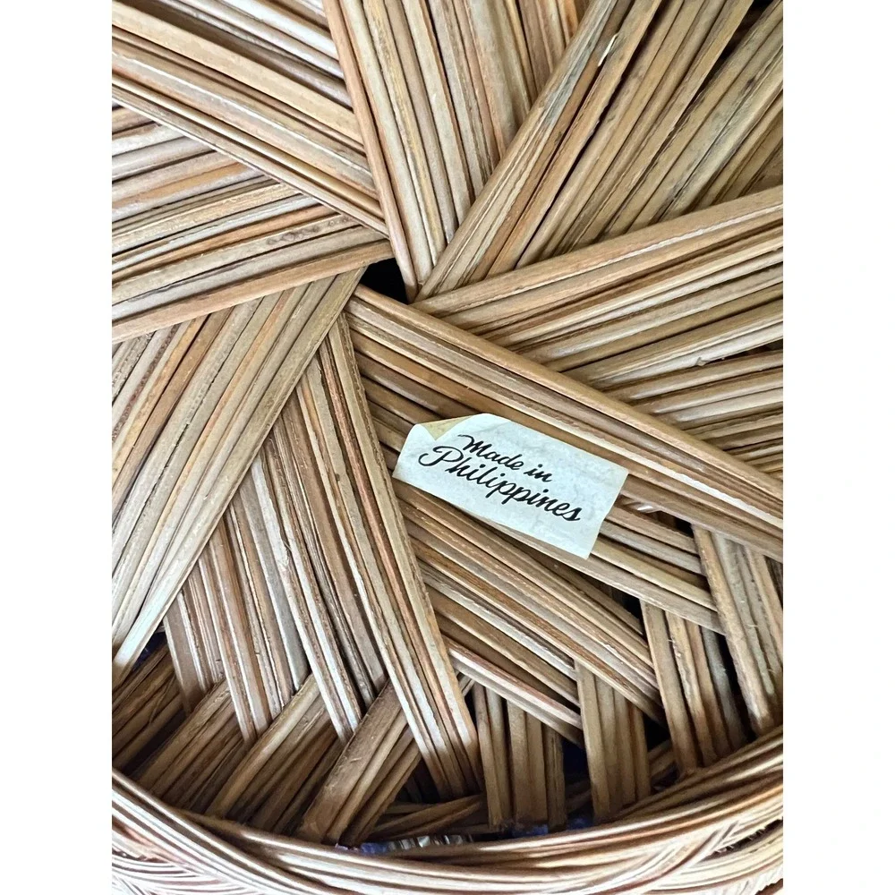Vtg Woven Rattan Wicker Basket Set 2 Round Boho‎ Hand Made in Philippines Tan